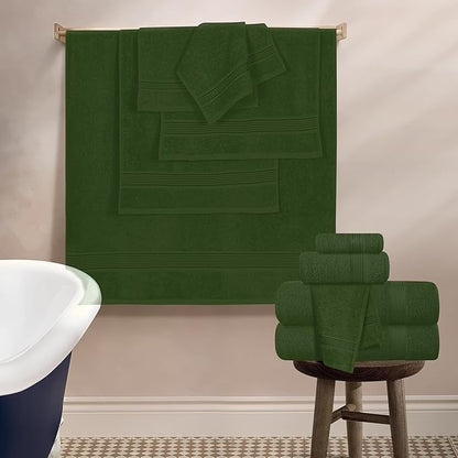 Belizzi Home 100% Cotton Towel Set, Contains 6 Soft Bath Towel, 6 Hand Towels, 12 Wash Cloths - Compact Absorbent Lightweight & Quickdry Towels for Bathroom - 24 Piece Bathroom Towel Set - Olive Green