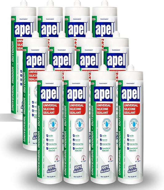 apel All Purpose Clear Silicone Sealant Waterproof (12 x 10.5 fl.oz.), 100% Silicone Caulk, Weatherproof & Flexible Adhesive Sealant for Indoor and Outdoor Use, Transparent - 12 Pack