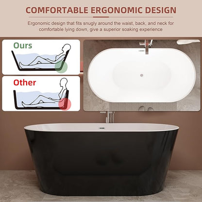 Black 59 inch Freestanding Soaking Bathtub, WHALEKING Modern Stand Alone Free Standing Acrylic Tub with Center Drain & Overflow