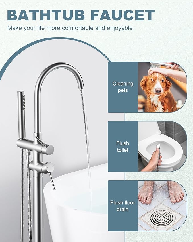 Freestanding Bathtub Faucet Brushed Nickel, Floor Mount Tub Filler, High Flow Brass Shower Faucets with Handheld Sprayer for Bathroom