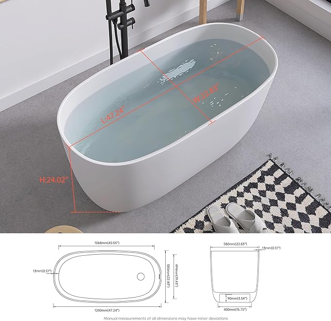 SJ STAR&JANE 47" Solid Surface Freestanding Bathtub Modern Stone Resin Oval Soaking Tub with Side Drain in Matte White