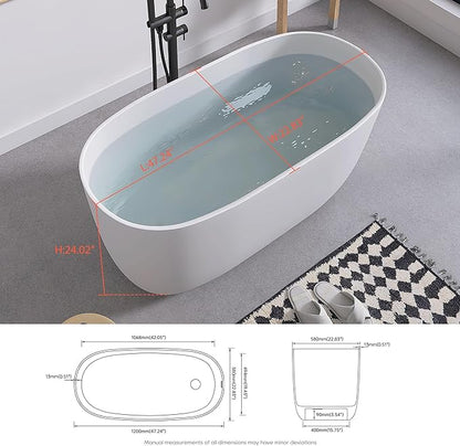 SJ STAR&JANE 47" Solid Surface Freestanding Bathtub Modern Stone Resin Oval Soaking Tub with Side Drain in Matte White