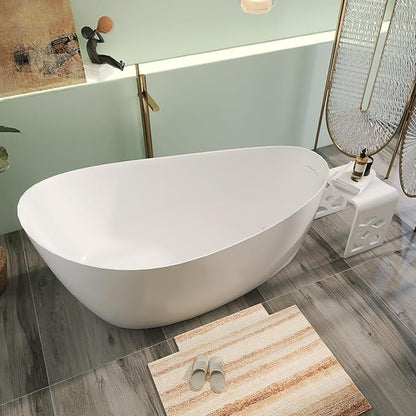 Premium Unique 65" Solid Surface Freestanding Tub, Upgraded Matte White Stone Resin Bathtub with Overflow and Pop-up Drain