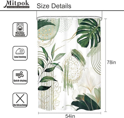 Sage Green Boho Shower Curtain 54Wx78H Small Stall Modern Abstract Mid Century Bohemian Tropical Palm Leaves Geometric Plant Bathroom Decor Botanical Bath Curtain Fabric Polyester 12 Pack Hooks