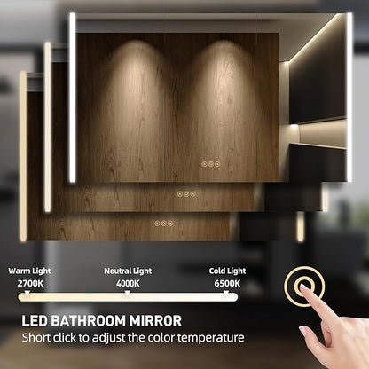 Medicine Cabinet with LED Lights and Mirror, 54 x 32 Inch Surface or Recessed Mounted Bathroom Cabinets with Door, Defogger, Memory Function, 3-Color Mode, Outlet&USB, Dimmer, Storage Shelf