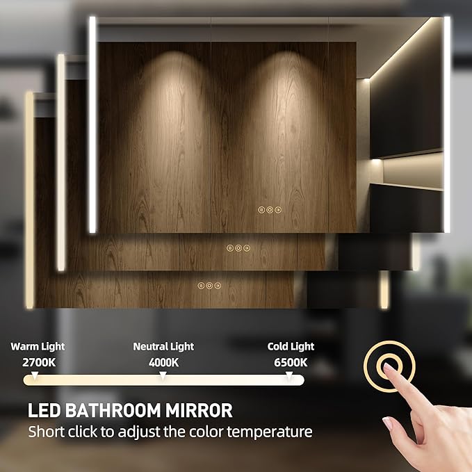 Medicine Cabinet with LED Lights and Mirror, 60 x 32 Inch Surface or Recessed Mounted Bathroom Cabinets with Door, Defogger, Memory Function, 3-Color Mode, Outlet&USB, Dimmer, Storage Shelf