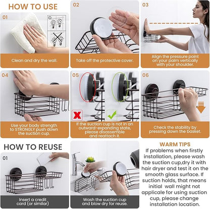 LEVERLOC Shower Caddy Suction Cup, Heavy Duty Bathroom Organizer for Inside Shower with Hooks & Soap holder， NO-Drilling Bathroom Holder-Brown