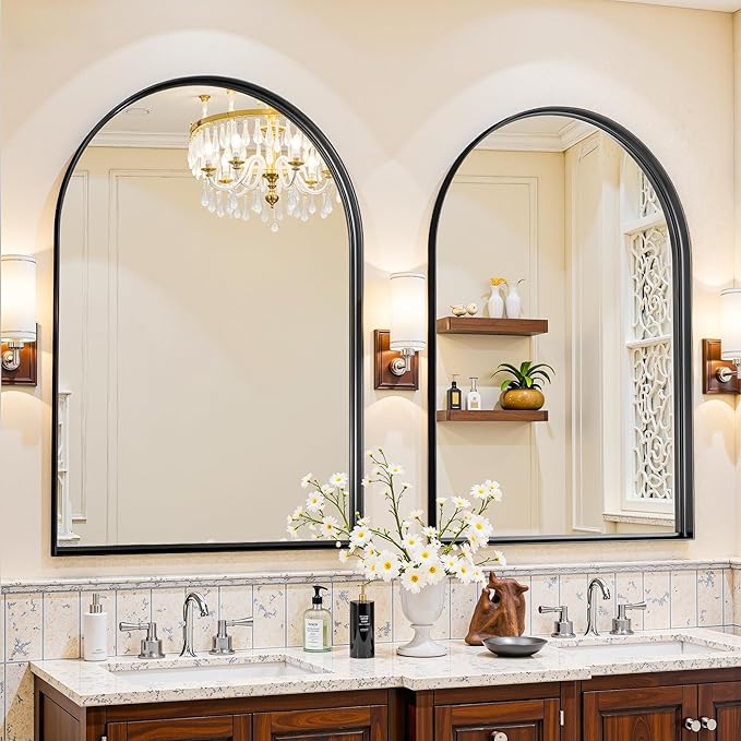Arched Mirror 24"x36", Bathroom Mirror, Wall Mounted Vanity Mirror with Arch Metal Frame for Bathroom, Over Sink, Bedroom, Living Room, Deep Frame, Black