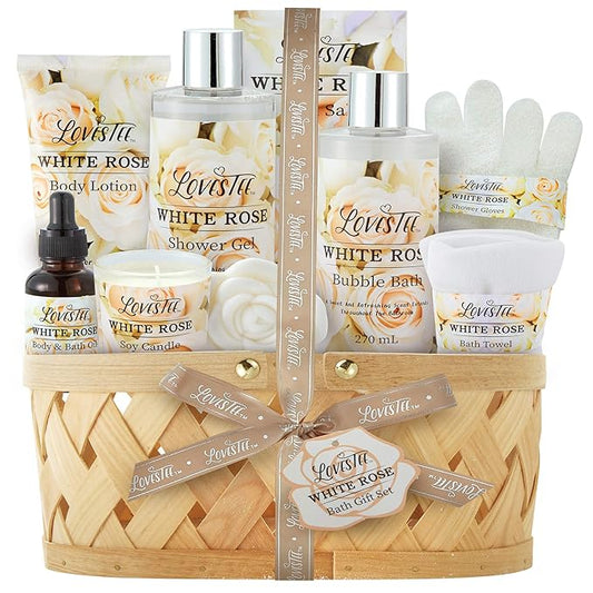Christmas Gifts Bath & Body Spa Gift Basket for Women, Best Gift for Mother's Day & Birthday, White Rose Set Body Lotion, Shower Gel, Bubble Bath, Bath Salt, Towel, Soap, Oil, Candle, Gloves,