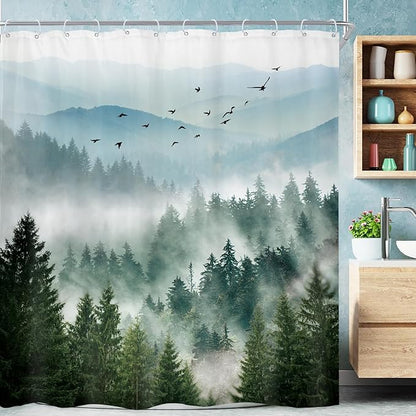 Riyidecor Rustic Green Mountain Shower Curtain for Bathroom Nature Woodland Tree Scenery Waterproof Cloth Fabric Shower Curtains，Alpine Landscape Natural Mens Bathroom Decor 12 Pack Hooks 60Wx72H Inch