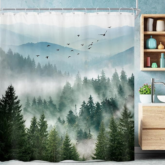 Riyidecor Rustic Green Mountain Shower Curtain for Bathroom Nature Woodland Tree Scenery Waterproof Cloth Fabric Shower Curtains，Alpine Landscape Natural Mens Bathroom Decor 12 Pack Hooks 60Wx72H Inch