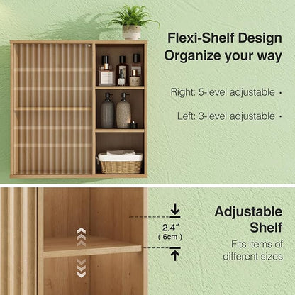 Fluted Bathroom Wall Cabinet, Small Medicine Wall Cabinet with Doors and Adjustable Shelves, Kitchen Wall Mounted Storage Cabinet, Floating Space Saver Over Toilet, Natural