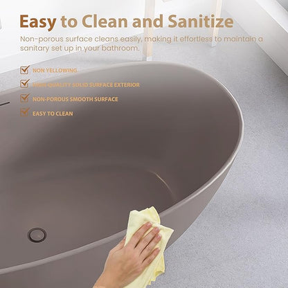 SJ STAR&JANE 65" Solid Surface Freestanding Bathtub Stone Resin Soaking Tub Gray Coffee Double Slippers Stand Alone Oval Tub with Pop-up Drain and Overflow for Bathroom