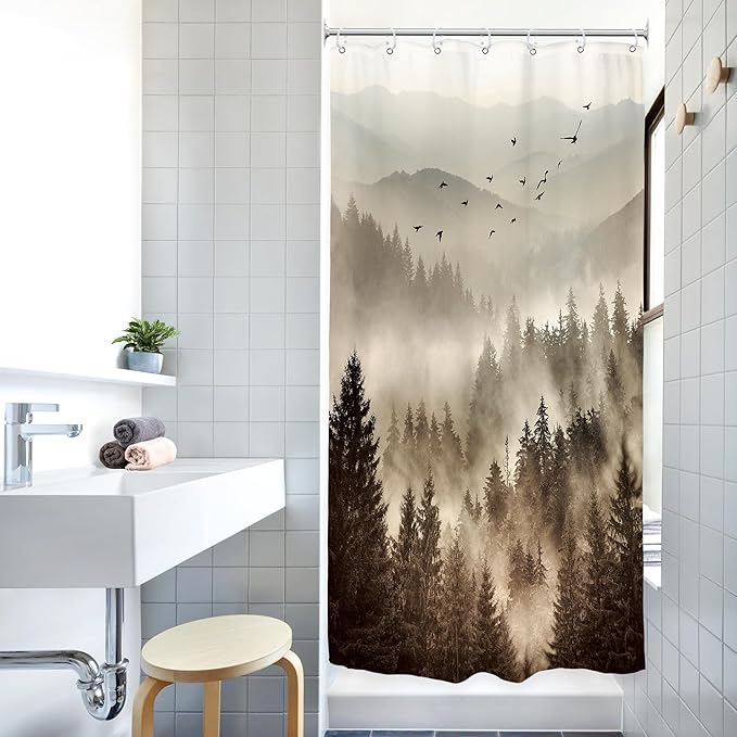 Riyidecor Foggy Mountain Small Stall Shower Curtain 36Wx72H Inch Nature Scenery Tree Rustic Woodland Alpine Landscape Natural Abstract Modern Bathroom Decor Fabric Polyester Waterproof 7 Pack Hooks
