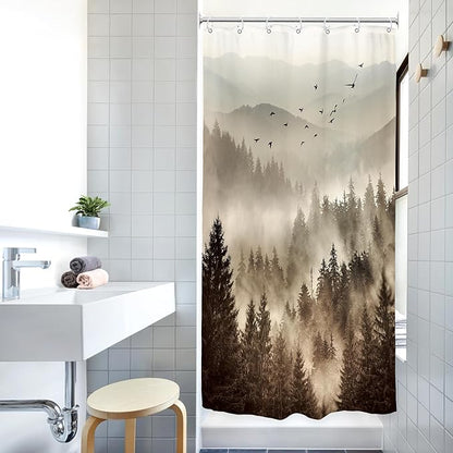 Riyidecor Foggy Mountain Small Stall Shower Curtain 36Wx72H Inch Nature Scenery Tree Rustic Woodland Alpine Landscape Natural Abstract Modern Bathroom Decor Fabric Polyester Waterproof 7 Pack Hooks