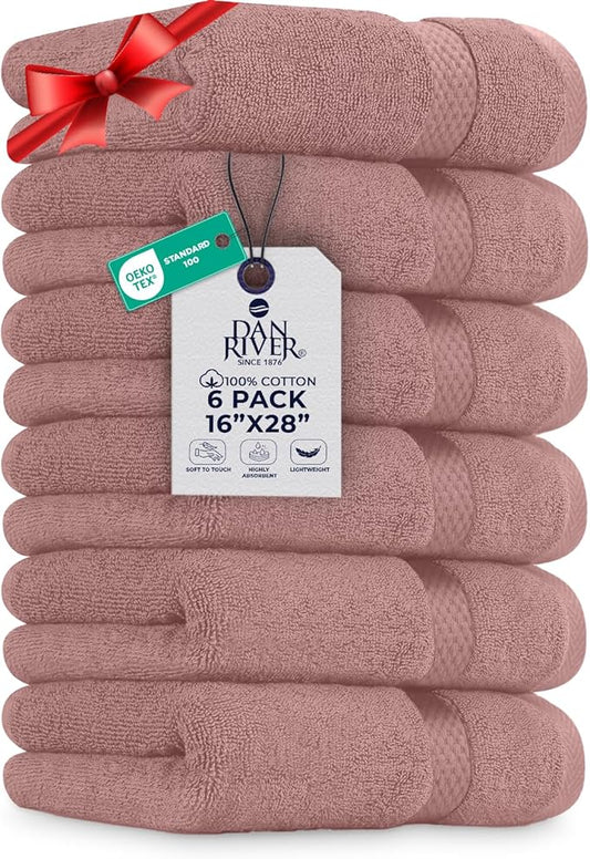 DAN RIVER 6-Pack Premium Hand Towels (16x28 Inches) - 100% Cotton, Ultra Soft, Lightweight, Highly Absorbent Towels for Bathroom, Spa, Gym, Salon, Hotel, and Travel - 550 GSM – Dusty Pink