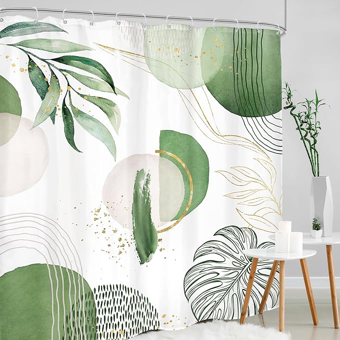 Extra Long Green Boho Shower Curtain 72Wx84H Mid Century Modern Abstract Palm Leaves Plant Tropical Gold Olive Geometric Bathroom Decor Minimalist Bath Curtain Fabric Polyester 12 Pack Hooks