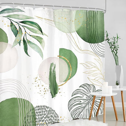 Extra Long Green Boho Shower Curtain 72Wx84H Mid Century Modern Abstract Palm Leaves Plant Tropical Gold Olive Geometric Bathroom Decor Minimalist Bath Curtain Fabric Polyester 12 Pack Hooks