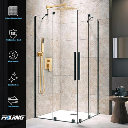 Gold Shower Faucet Set, Rainfall Shower System with Rain Shower Head and Handle Set, Wall Mounted Shower Fixtures, Full Metal Trim Repair Kit 12 inch Paint Gold (With Shower Valve)