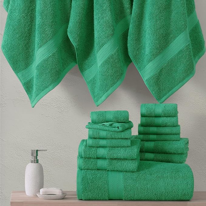 LANE LINEN 100% Ring Spun Cotton Premium Bath Towel Set, 18Pcs Turkish Towels & Washcloths Sets - 4 Bath, 8 Washcloths, 6 Hand - Sustainably Produced, Quick Drying & Gentle on Skin - Emerald