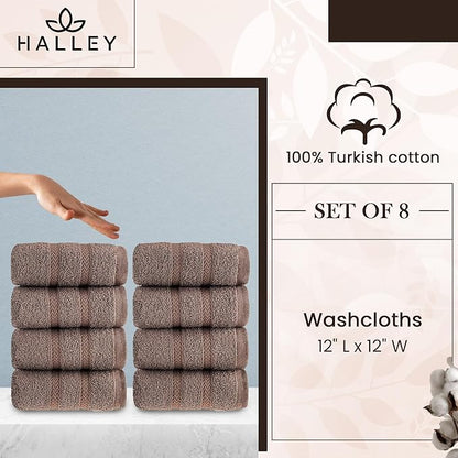 HALLEY Turkish 8 Pack Premium Washcloths (8 Pieces) 650 GSM Highly Absorbent Super Soft 100% Cotton - 8 Washcloths (Brown)