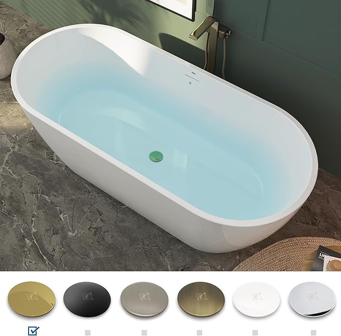 FerdY 67" Bali Elite Acrylic Freestanding Bathtub, Gracefully Shaped Freestanding Soaking Bathtub, cUPC Certified, Toe-Tap Polished Gold Drain and Minimalist Linear Design Overflow Included