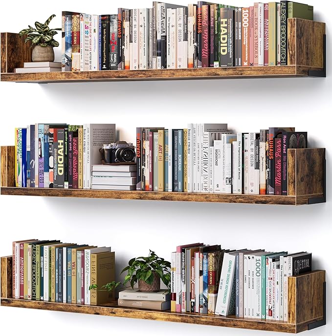Wall Bookshelf, Set of 3, 36 Inches U Shaped Wall Shelves, Long Deep Floating Shelves, Large Floating Book Shelves - Wood Hanging Bookshelves for Kitchen, Bedroom