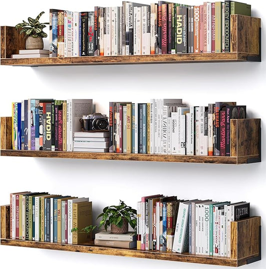 Wall Bookshelf, Set of 3, 36 Inches U Shaped Wall Shelves, Long Deep Floating Shelves, Large Floating Book Shelves - Wood Hanging Bookshelves for Kitchen, Bedroom