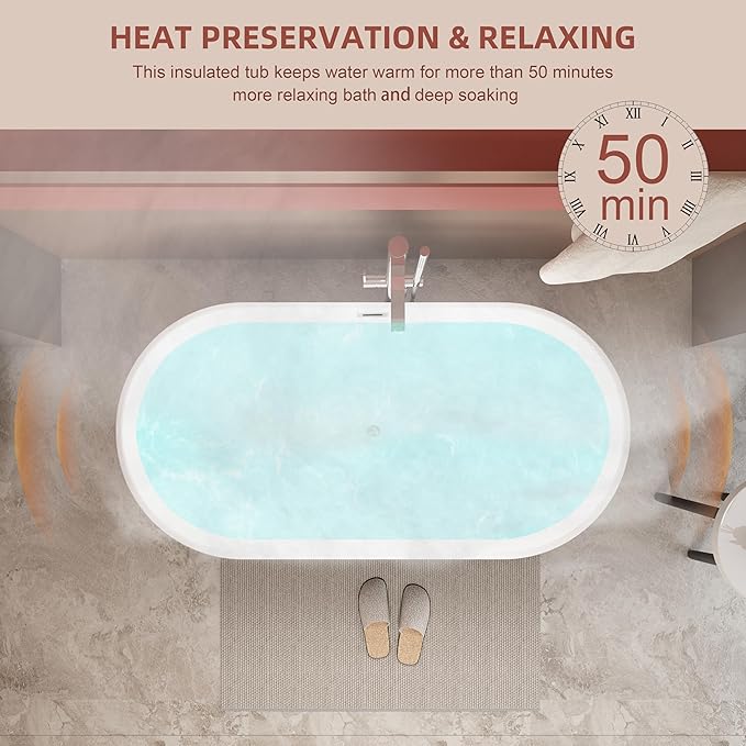 Black 59 inch Freestanding Soaking Bathtub, WHALEKING Modern Stand Alone Free Standing Acrylic Tub with Center Drain & Overflow