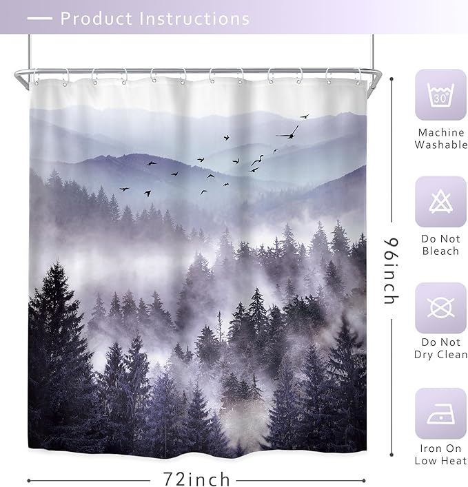 Riyidecor Purple Shower Curtain 72Wx96H Inch Extra Long Mountain Nature Woodland Scenery Park Scene View Foggy Pine Tree Alpine Cool Mens Bathroom Decor Fabric Polyester Waterproof 12 Pack Hooks