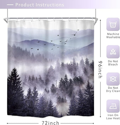 Riyidecor Purple Shower Curtain 72Wx96H Inch Extra Long Mountain Nature Woodland Scenery Park Scene View Foggy Pine Tree Alpine Cool Mens Bathroom Decor Fabric Polyester Waterproof 12 Pack Hooks