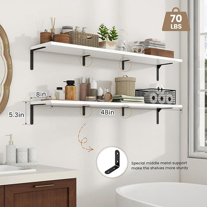 Fun Memories Deep Floating Shelves, 48W x 8D Floating Shelves Set of 2, Wall Mounted Shelf with Metal Brackets, Rustic Wood Wall Shelf for Bathroom, Kitchen and Living Room, White
