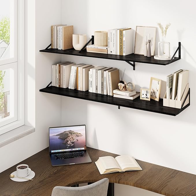 Fun Memories Floating Shelves for Wall, 12 Inch Deep Floating Shelves Set of 2, 36W x 12D Large Wall Shelf with Sturdy Metal Brackets for Living Room, Bathroom, Bedroom and Kitchen, Black