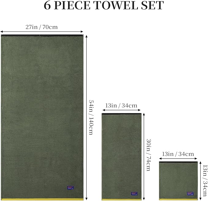 REDKISS 6 Pack Cotton Towel Set with Luxury Embellished Border, 600 GSM Ultra Soft & Highly Absorbent Bath Towels Set with 2 Bath, 2 Hand, 2 Washcloths for Bathroom, Gym, Spa, Hotel, Army Green