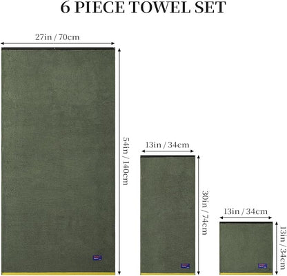 REDKISS 6 Pack Cotton Towel Set with Luxury Embellished Border, 600 GSM Ultra Soft & Highly Absorbent Bath Towels Set with 2 Bath, 2 Hand, 2 Washcloths for Bathroom, Gym, Spa, Hotel, Army Green