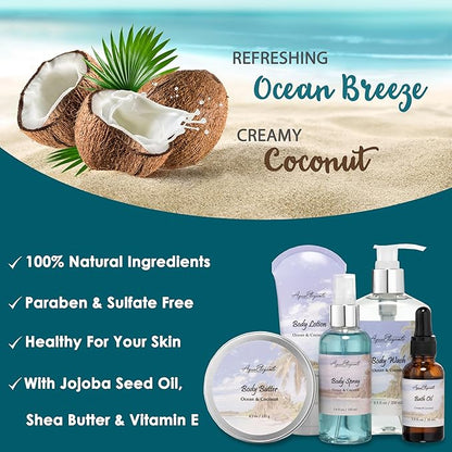 Bath Spa Gift Sets - Luxury Basket With Ocean & Coconut - Spa Kit Includes Wash, Bubble Bath, Lotion, Bath Salts, Body Scrub, Body Spray, Shower Puff, Bathbombs, Soap in Wooden Basket