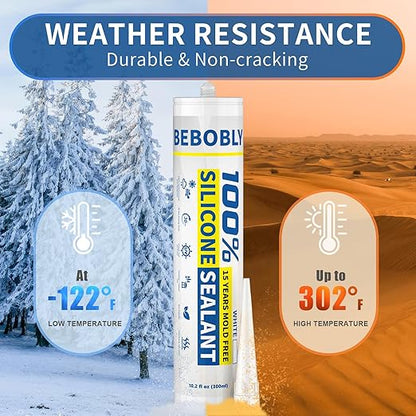 White Silicone Caulk & Sealant, 100% Waterproof Silicone Sealant Caulking, Shrink & Crack Proof, Silicone Caulking for Kitchen, Bathroom, RV, Interior & Exterior Use, 10.2 FL. OZ/300ML, 4 Pack