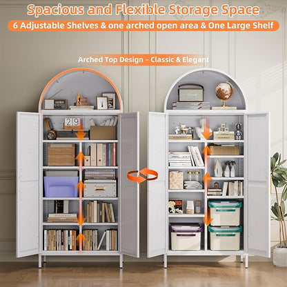 GangMeri Farmhouse Kitchen Pantry Cabinet, Arched Storage Cabinet with Doors and Adjustable Shelves, Tall Freestanding Cupboard for Laundry, Dining Room, Living Room, Bathroom(White)