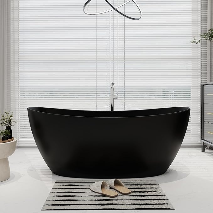 SJ STAR&JANE 65" Solid Surface Freestanding Bathtub Stone Resin Soaking Tub Matte Black Double Slippers Stand Alone Oval Tub with Pop-up Drain and Overflow for Bathroom