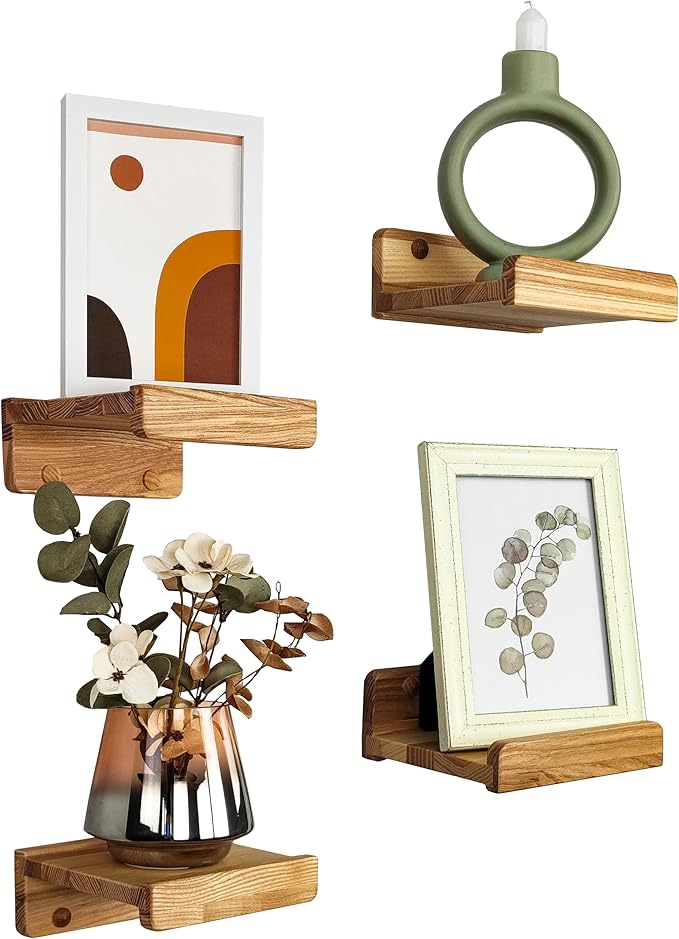 Handcrafted, Floating Shelves for Wall 5 inch, Waterproof, Wall Storage Shelves with Lip, Display Picture Ledge Shelf for Living Room Photo Frame, Natural Wood Hanging Book Shelves (Natural, Set 4)