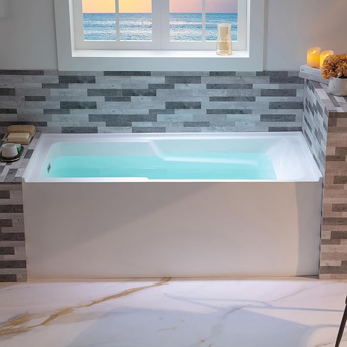 WOODBRIDGE 54" Acrylic Rectangular Alcove Soaking Bathtub in White with Left Drain, Brushed Nickel pop-UP Drain Included BA5430L