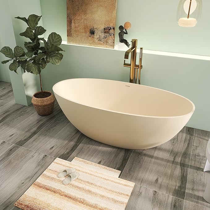 65" Premium Solid Surface Free Standing Bathtub, Upgraded Milky Coffee Design Stone Resin Soaking Tub with Overflow and Pop-up Drain