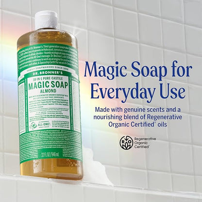 Dr. Bronner's Pure-Castile Magic Liquid Soap (Almond, 32 Ounce, 2-Pack)- Made with Regenerative Organic Certified Oils, 18-in1 Uses: Face, Hair, Hand & Body Soap, Laundry, Pets- Concentrated, Vegan