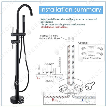 Freestanding Tub Faucet - Matte Black Floor Mounted, 360 Degree Swivel Gooseneck Filler with Hand Shower Mixer Tap. SE-3001-BK