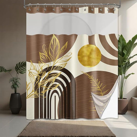 Black and Brown Bohemian See Through Mesh Top Shower Curtain with Window, Dark Tan Mens Double Layer Shower Curtains with Snap in Liner with Magnets, Waterproof Fabric with Hooks, 71x72 in