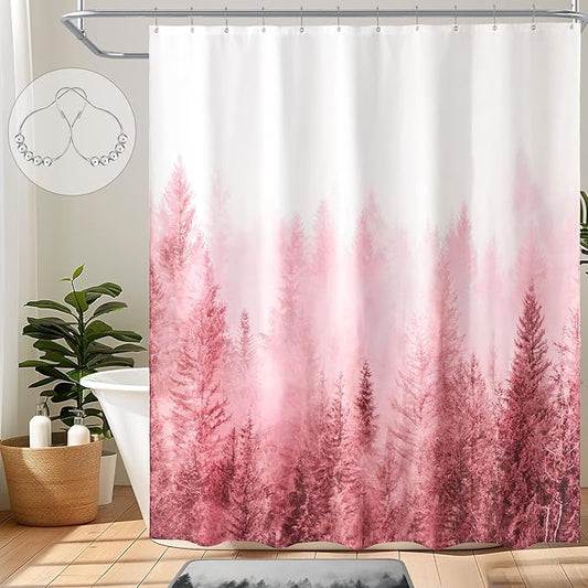 ORTIGIA Pink Shower Curtain with Misty Forest Patten for Bathroom, Nature Woodland Shower Curtain Set with Hooks, Weighted Waterproof Pine Tree Fog Magic Bath Curtain, 72x72