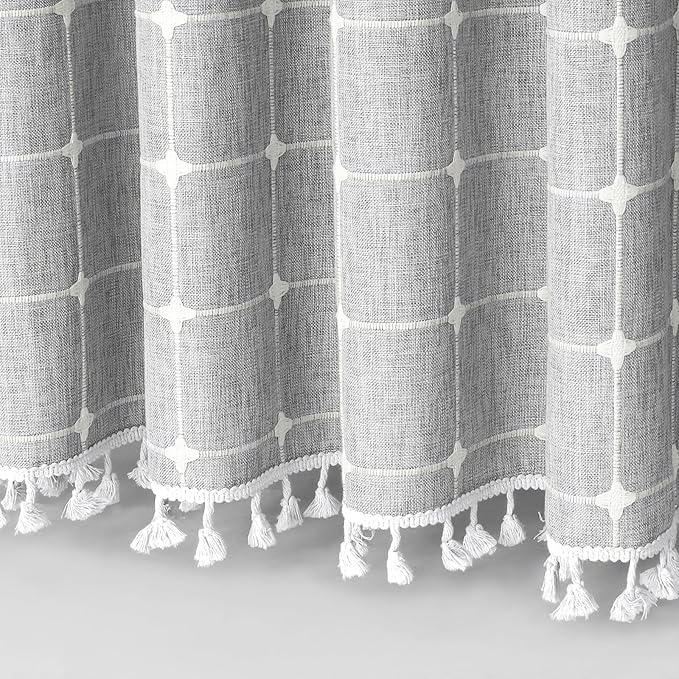 MitoVilla Grey Boho Extra Long Shower Curtain 72 x 84, Light Grey Modern Farmhouse 84 inch XL Polyester Linen Texture Tassel Fabric Shower Curtain Set with Hooks for Cottagecore Country Bathroom Decor