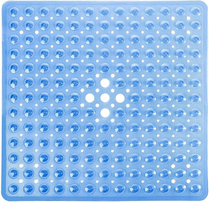Yimobra Shower Stall Mat Non Slip, 21x21 Inch, Soft Square Bath Mat for Shower with Suction Cups and Drain Holes, Stall Floor Mats for Bathroom, Machine Washable, Bathroom Accessories, Clear Blue