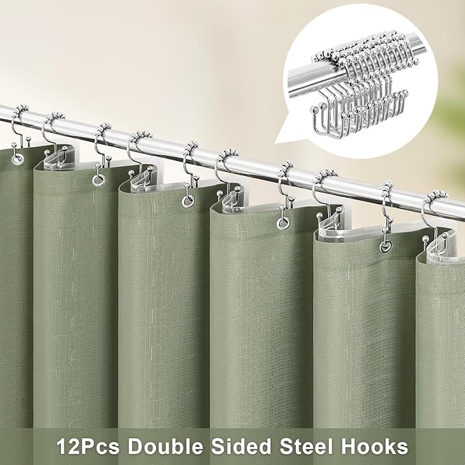 MitoVilla 3 in 1 Shower Curtain Set, Sage Green Boho Farmhouse Linen Textured Bath Curtain and Clear PEVA Liner Set with 12 Double Sided Steel Hooks, Waterproof Fabric Hotel Bathroom Curtain - 72x72