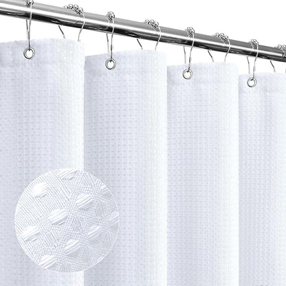 Gibelle Extra Long Shower Curtain 72 x 84, Tall Waffle Weave Textured Fabric Shower Curtain for Bathroom, Water Repellent, Machine Washable, White
